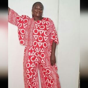 Wide Leg Women’s Ankara  Trouser / With Top in Red Geo Print